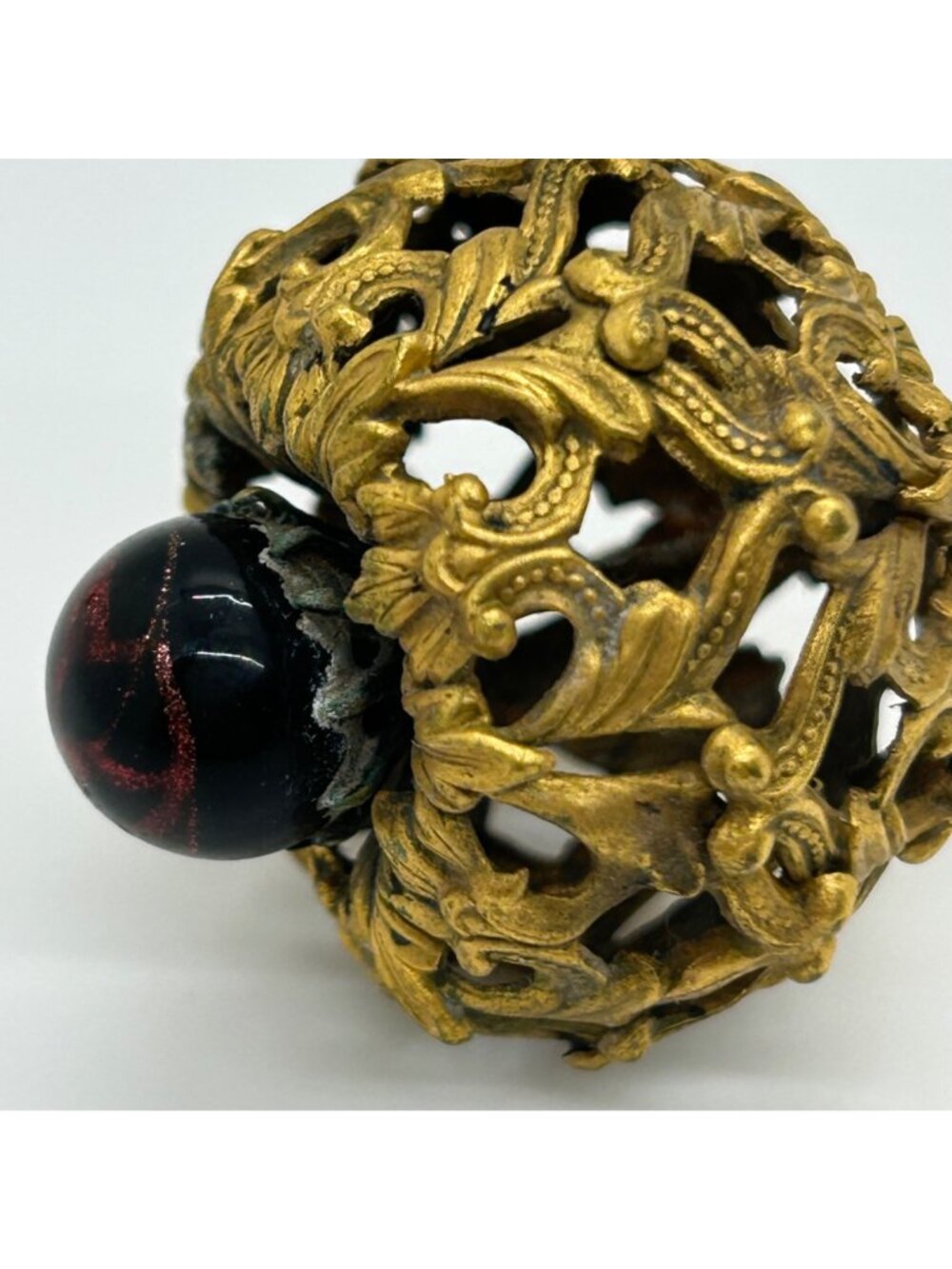 Antique Edwardian Hat Pin Gilded Brass Filigree Red Cabochon 1900s 9" READ - Picture 6 of 16